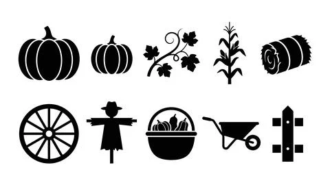 Fall harvest collection with black pumpkin silhouettes scarecrow basket of .. Stock Illustration