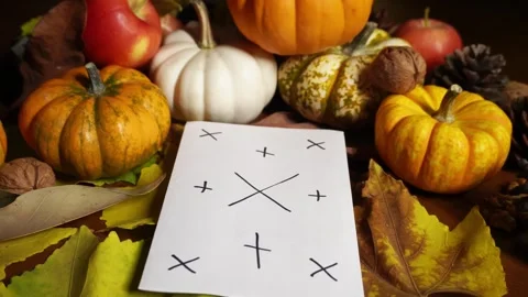 Fall harvest display. Festive farm stand presentation featuring pumpkins and Stock Footage 343901808