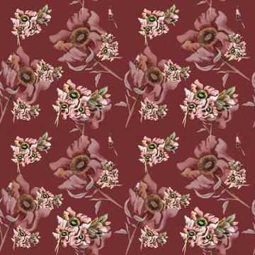 Fall harvest flower seamless pattern. Watercolor fall flowers, leaves and b.. Stock Illustration