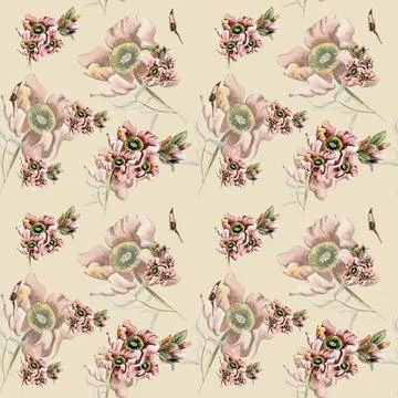 Fall harvest flower seamless pattern. Watercolor fall flowers, leaves and b.. イラスト素材