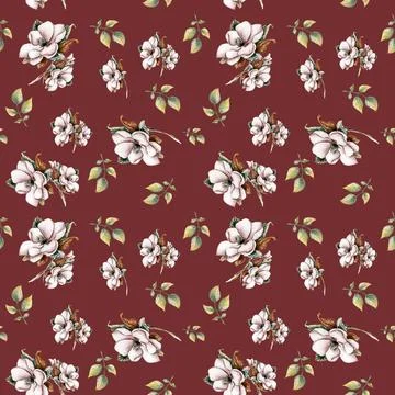 Fall harvest flower seamless pattern. Watercolor fall flowers, leaves and b.. Stock Illustration