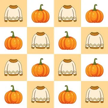 Fall Harvest Pumpkins and Sweaters Grid Seamless Pattern Autumn Themed Stock Illustration