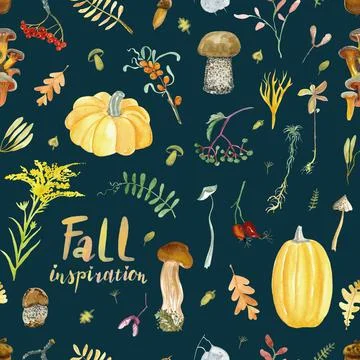 Fall inspiration watercolour pattern on the dark blue background for your design Stock Illustration
