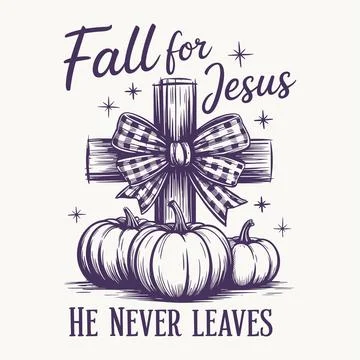 Fall for jesus he never leaves christian autumn t shirt design cross with p.. Stock Illustration