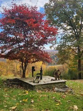 Fall Landscape View with Red Maple and Vintage Hand Pump Stock Photos