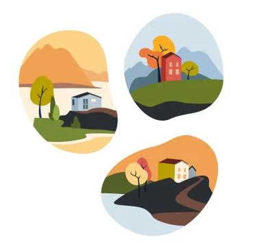 Fall landscapes vector set,. House by the sea. Stock Illustration