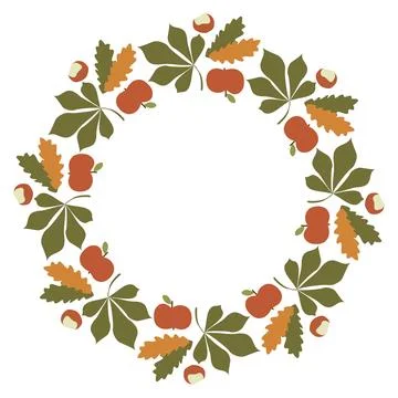 Fall leaf Wreath Vector clipart, Autumn Round Flat Botany Frame. Isolated on  Stock Illustration