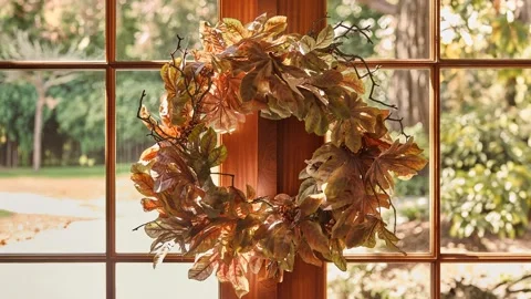 Fall Leaf Wreath on Window with Forest View and Front Yard Stock-Footage 340402495