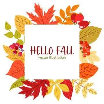 Fall leaves and berries frame, hand drawn flat Stock Illustration