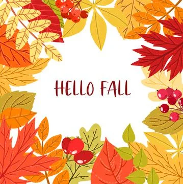 Fall leaves and berries frame, hand drawn flat Stock Illustration