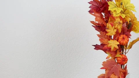 Fall leaves and pumpkins in a vase, autumn decor Stock Footage 285197746