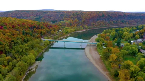 Fall Leaves and River HD Drone Shot Stock Footage 160085099