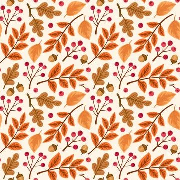 Fall leaves, ash berries and oak acorns, autumn foliage seamless vector patte 스톡 일러스트