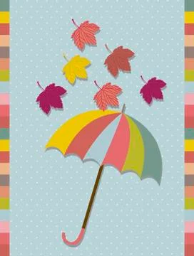 Fall leaves with cute umbrella over blue background. vector Illustrazione stock