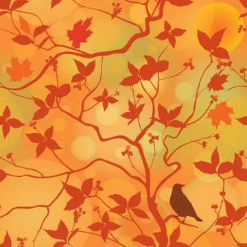 Fall leaves floral tile pattern. Autumn forest, birds  background 스톡 일러스트