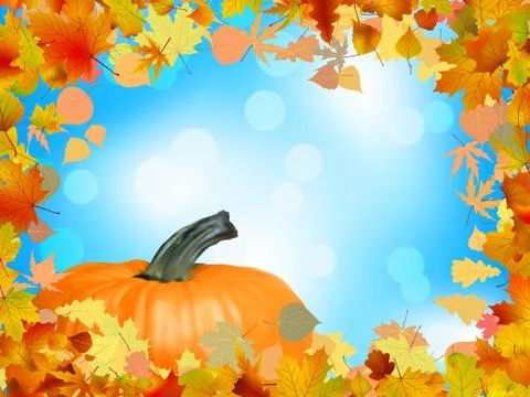 Fall leaves with pumpkin and sky background. EPS 8 Stock Illustration