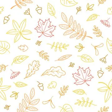 Fall leaves seamless pattern. Color line hand drawn vector illustration on wh Stock Illustration