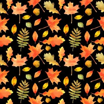 Fall leaves seamless pattern. Hand drawn watercolor painting. Colorful leaves Stock Illustration