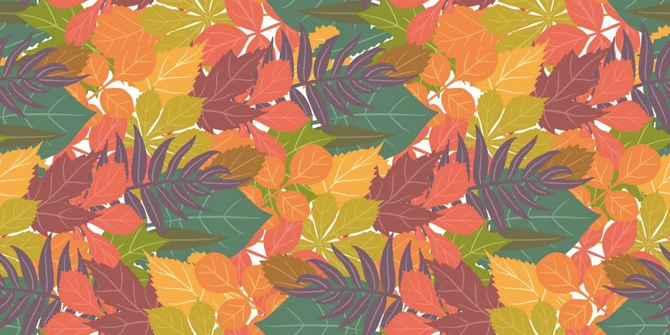 Fall leaves seamless vector pattern with acorns. Flat autumn leaves on a whit Stock Illustration