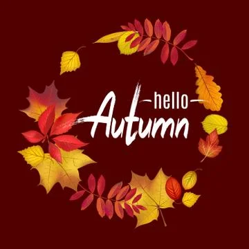 Fall leaves wreath on dark brown background for your autumn design. Hello Aut Stock Illustration