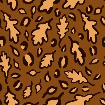 Fall Leopard or jaguar seamless pattern made of oak leaves. Trendy animal pri Stock Illustration