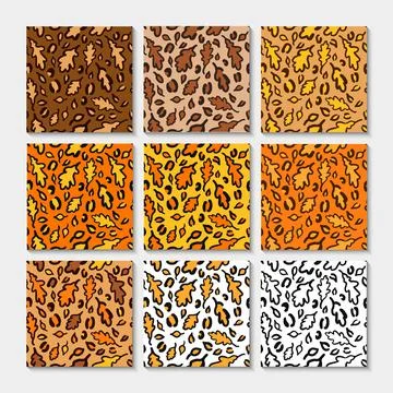 Fall Leopard or jaguar seamless pattern made of oak leaves. Trendy animal pri Illustrazione stock