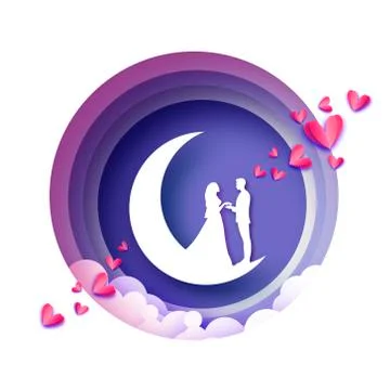 Fall in Love. Crescent Moon. White Romantic lovers. Pink Hearts paper cut style Stock Illustration