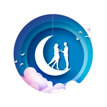 Fall in Love. Crescent Moon. White Romantic lovers. White Paper Birds. paper cut Stock Illustration