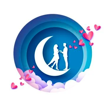 Fall in Love. Crescent Moon. White Romantic lovers. Pink Hearts paper cut style Stock Illustration