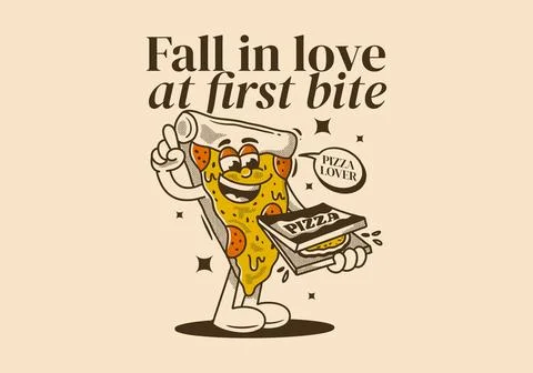 Fall in love at first bite. Character of pizza holding a box pizza Stock Illustration