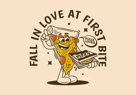 Fall in love at first bite. Character of pizza holding a box pizza Stock Illustration
