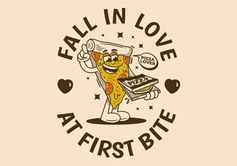 Fall in love at first bite. Character of pizza holding a box pizza Stock Illustration