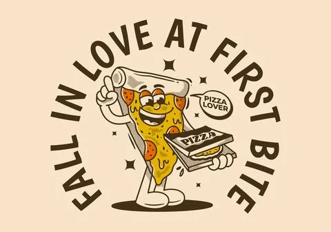 Fall in love at first bite. Character of pizza holding a box pizza Stock Illustration