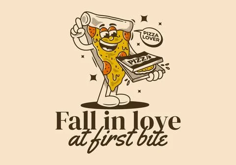 Fall in love at first bite. Character of pizza holding a box pizza Stock Illustration