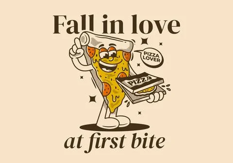 Fall in love at first bite. Character of pizza holding a box pizza Stock Illustration