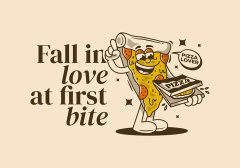 Fall in love at first bite. Character of pizza holding a box pizza Stock Illustration