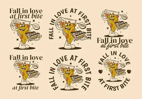 Fall in love at first bite. Character of pizza holding a box pizza Stock Illustration