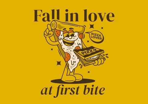 Fall in love at first bite. Character of pizza holding a box pizza Stock Illustration