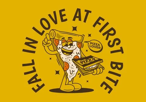 Fall in love at first bite. Character of pizza holding a box pizza Stock Illustration