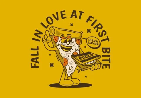Fall in love at first bite. Character of pizza holding a box pizza Stock Illustration