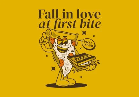 Fall in love at first bite. Character of pizza holding a box pizza Stock Illustration