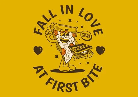 Fall in love at first bite. Character of pizza holding a box pizza Stock Illustration