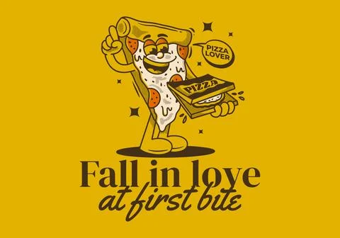 Fall in love at first bite. Character of pizza holding a box pizza Stock Illustration