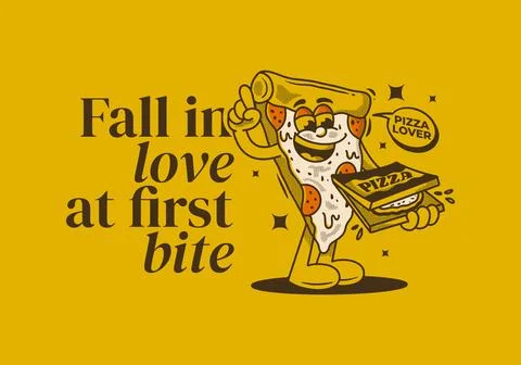 Fall in love at first bite. Character of pizza holding a box pizza Stock Illustration
