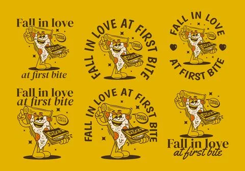 Fall in love at first bite. Character of pizza holding a box pizza Stock Illustration