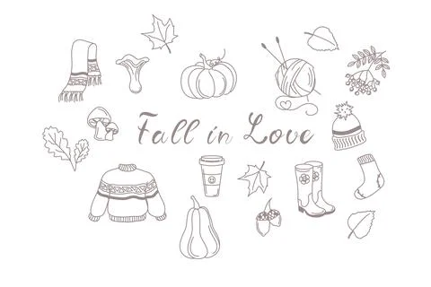Fall in Love hand drawn fall designs. Scarf, candle, rowan, hot coffee, tea Stock Illustration
