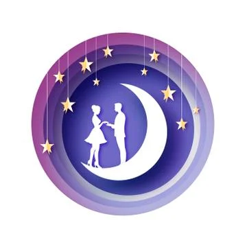 Fall in Love. Moon. White Romantic lovers. Gold metal Paper Stars. paper cut Stock Illustration