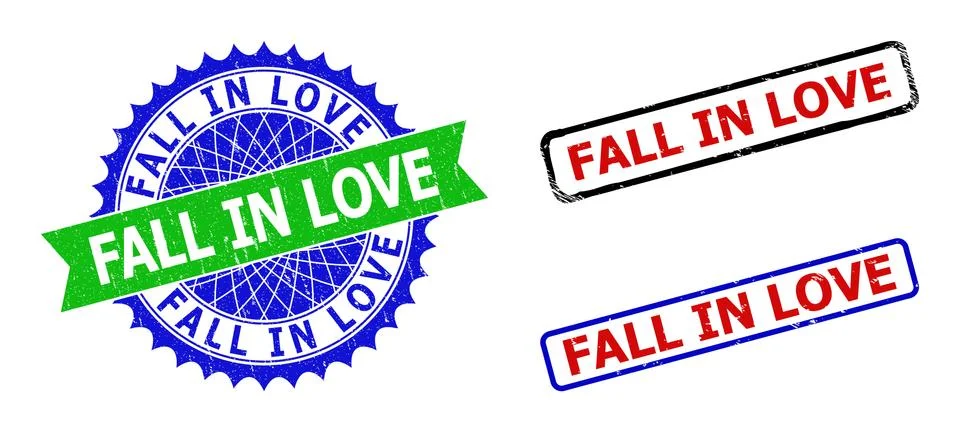 FALL IN LOVE Rosette and Rectangle Bicolor Stamps with Grunged Textures 库存插图