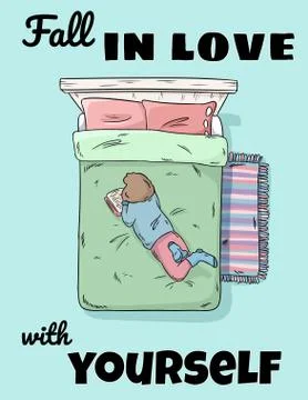 Fall in love with yourself cute funny postcard. Girl reading book on the bed Illustrazione stock