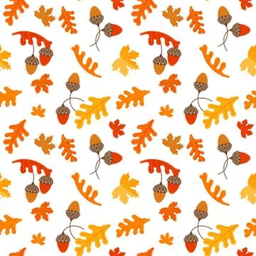 Fall maple and oak leaves acorns seamless pattern Stock Illustration